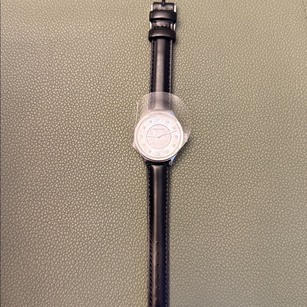Swarovski Black Leather Strap Watch